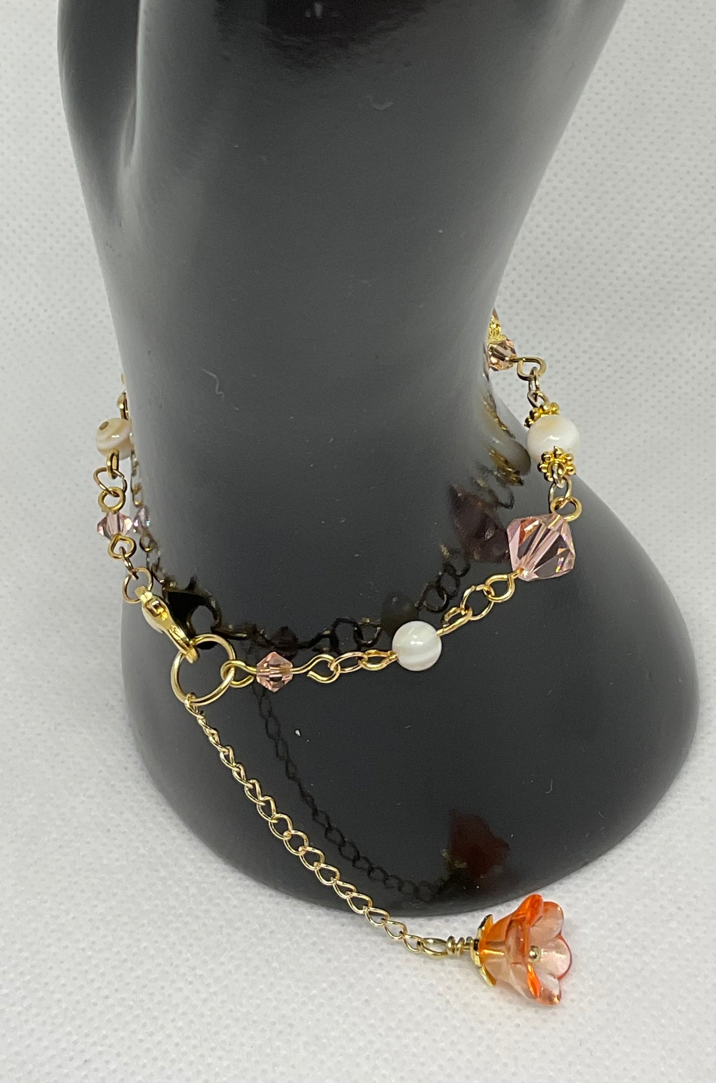 Peach Quartz Gold plated Swarovski Crystal Shell pearl beaded handmade Bracelet