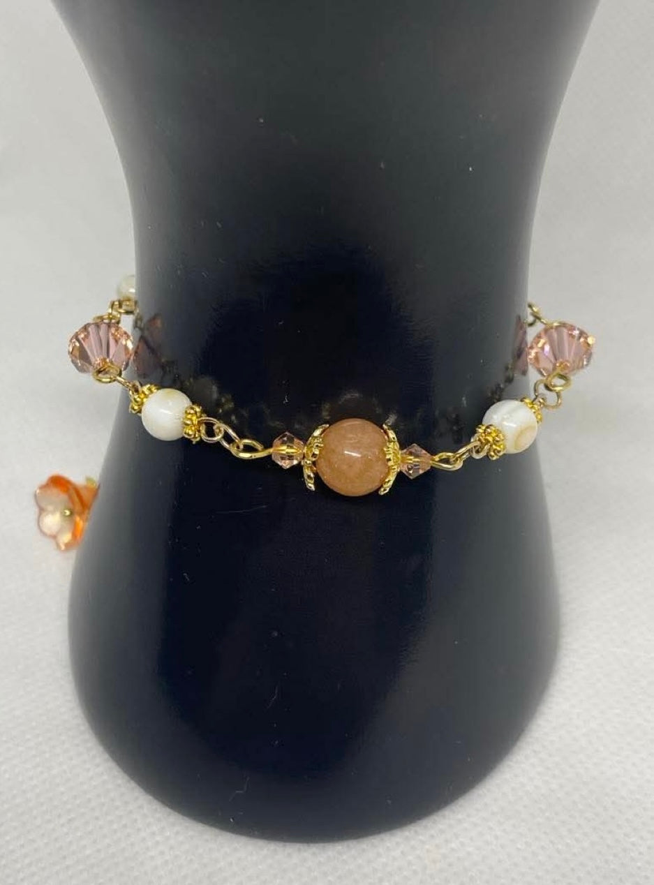 Peach Quartz Gold plated Swarovski Crystal Shell pearl beaded handmade Bracelet