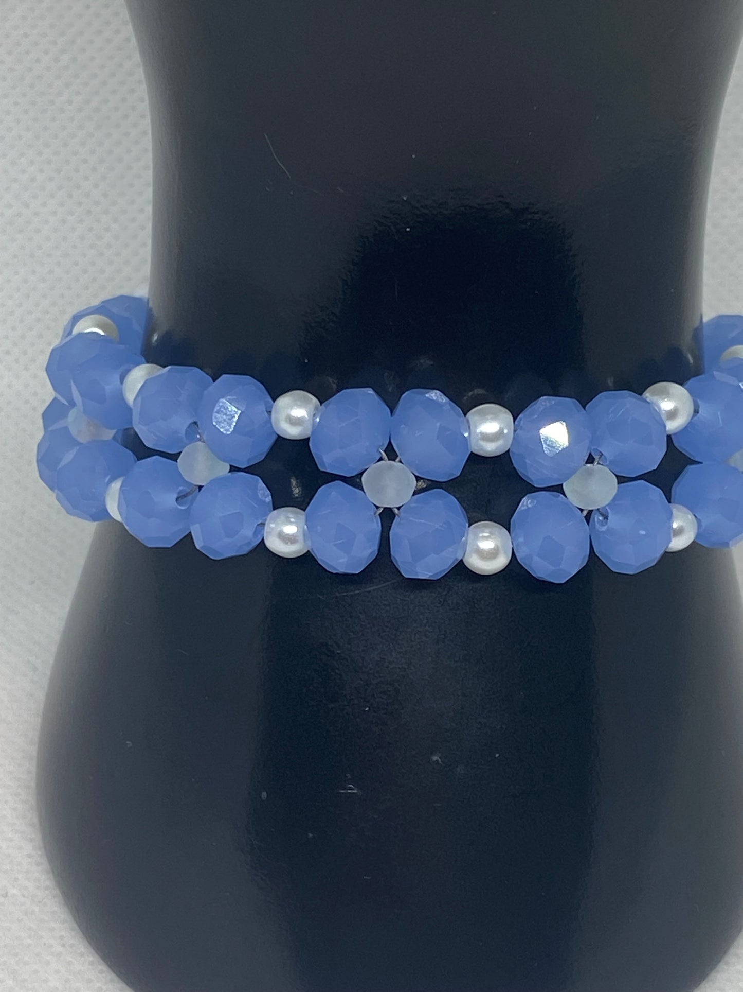 Sky Blue Crystal & Glass Pearl Beaded Bracelet with Silver Finished Stainless steel magnetic clasp.