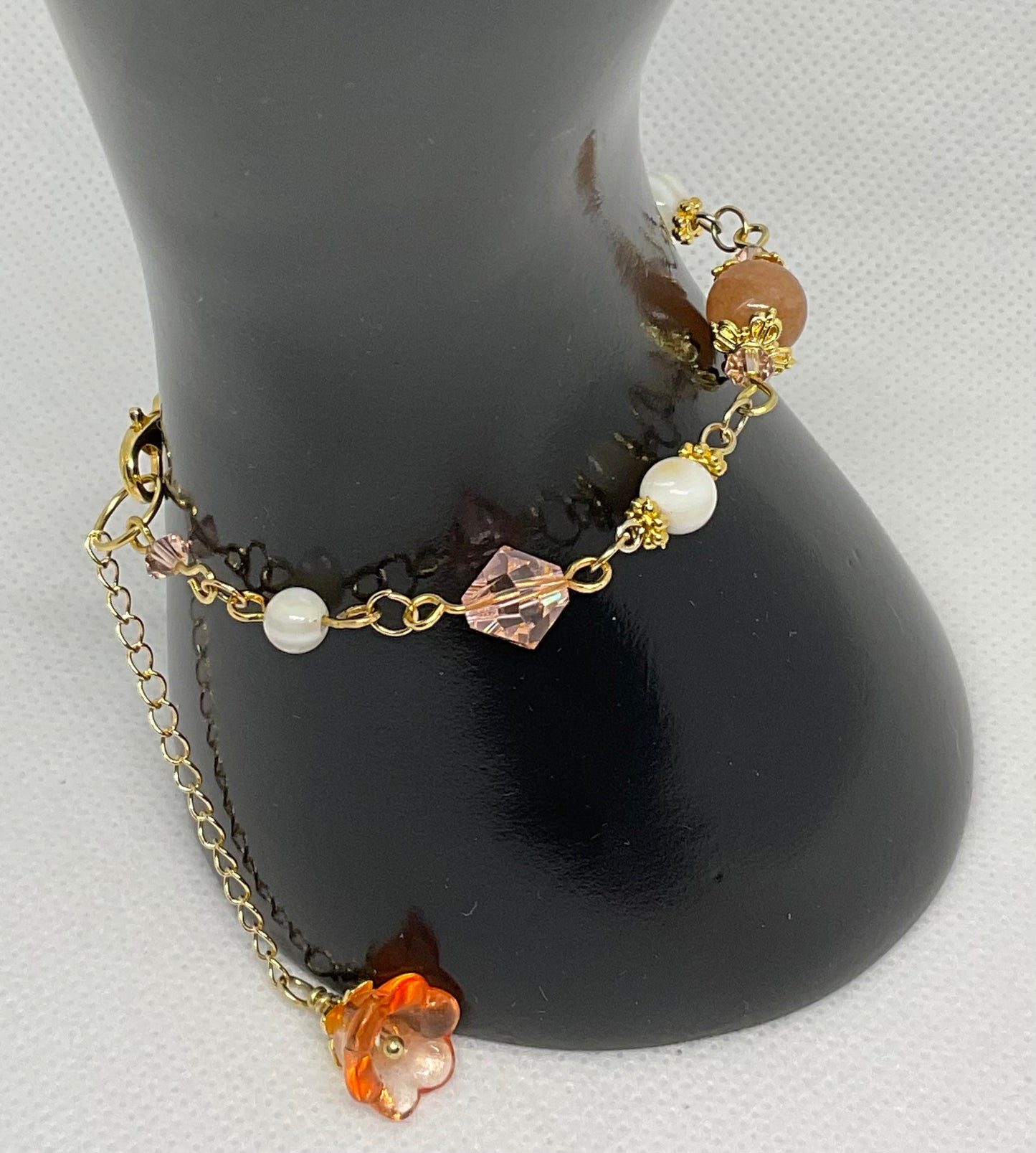 Peach Quartz Gold plated Swarovski Crystal Shell pearl beaded handmade Bracelet