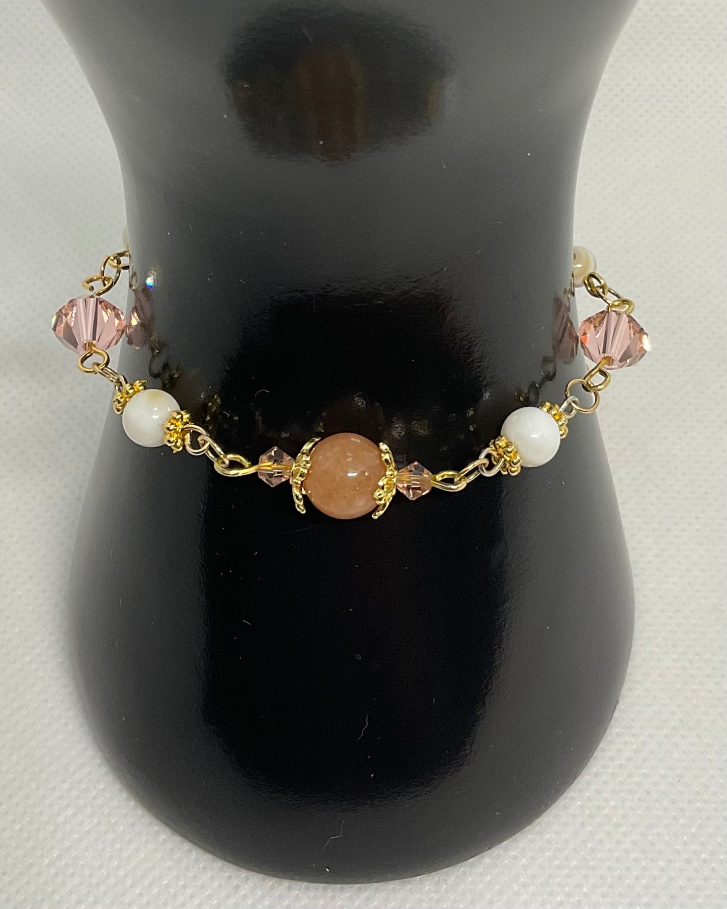 Peach Quartz Gold plated Swarovski Crystal Shell pearl beaded handmade Bracelet