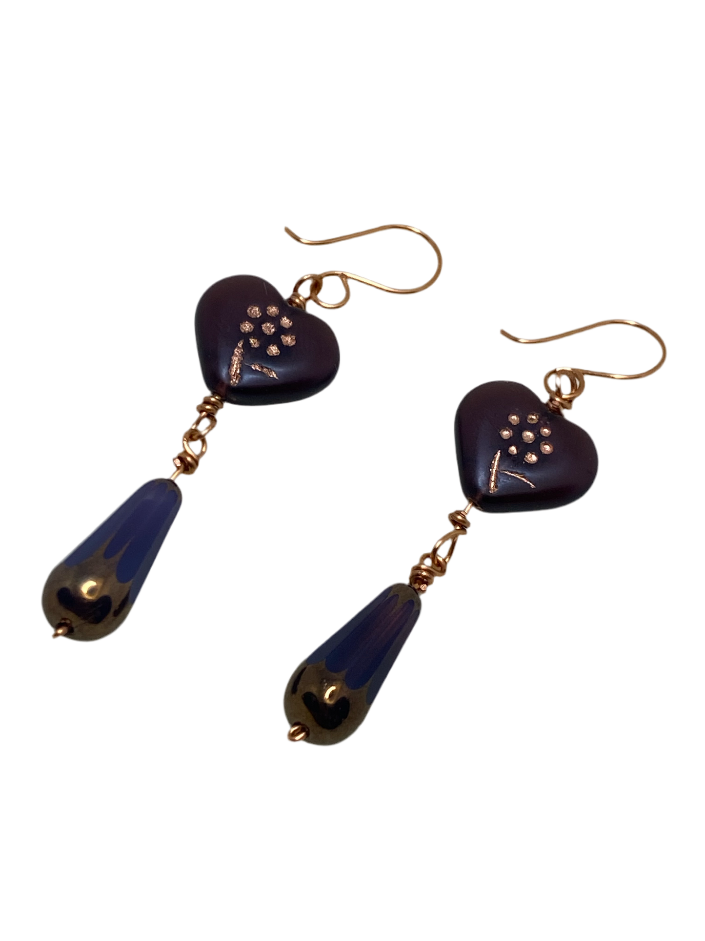 Artisan copper drop earrings featuring Deep Purple Glass Heart with etched Flower design