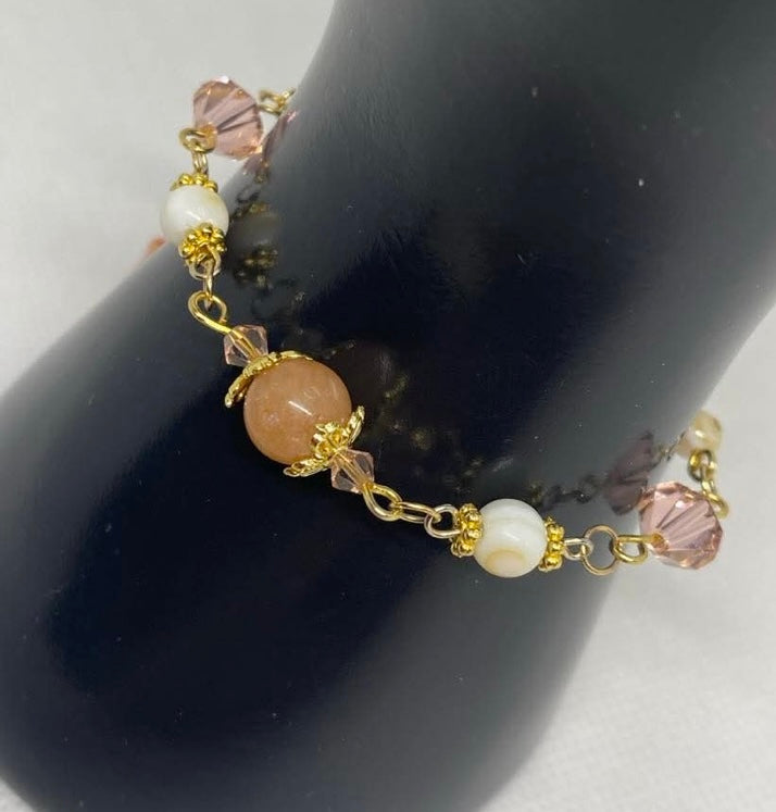 Peach Quartz Gold plated Swarovski Crystal Shell pearl beaded handmade Bracelet