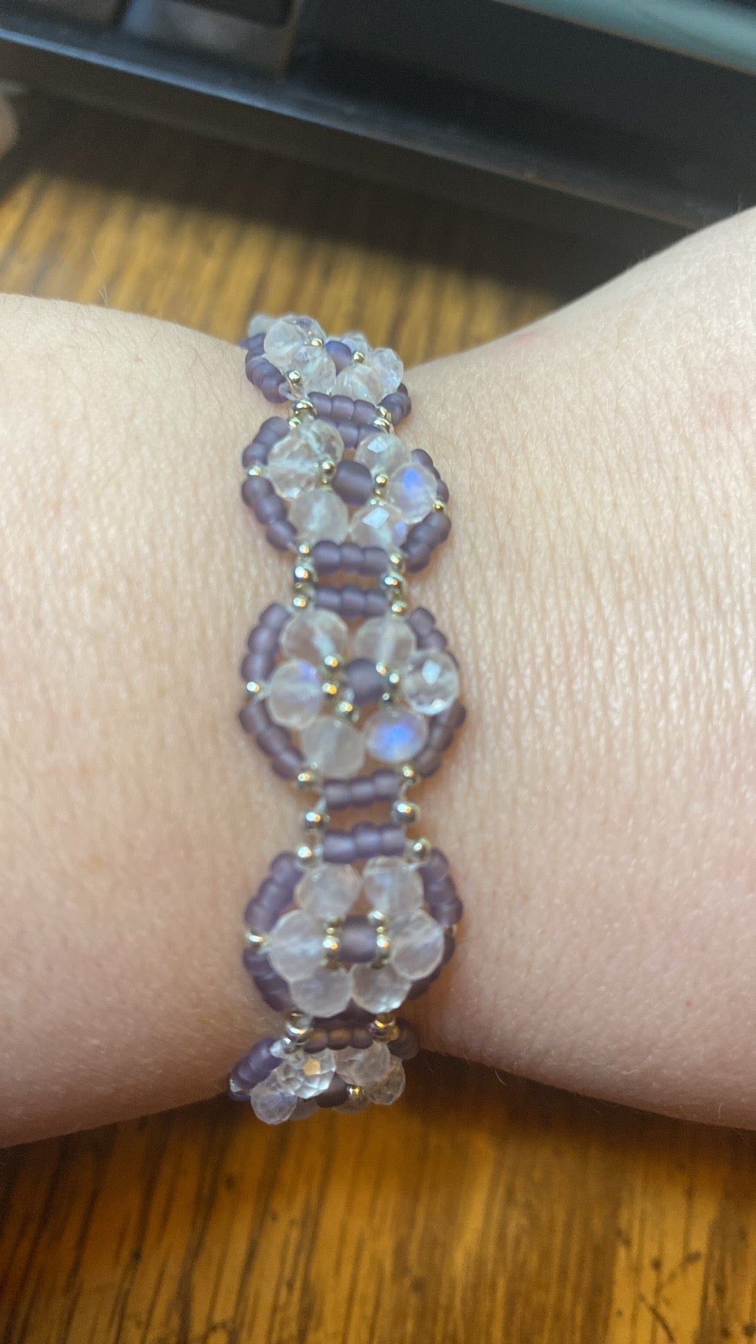 Rainbow Moonstone Seed Beaded Flower Bracelet with Sterling Silver