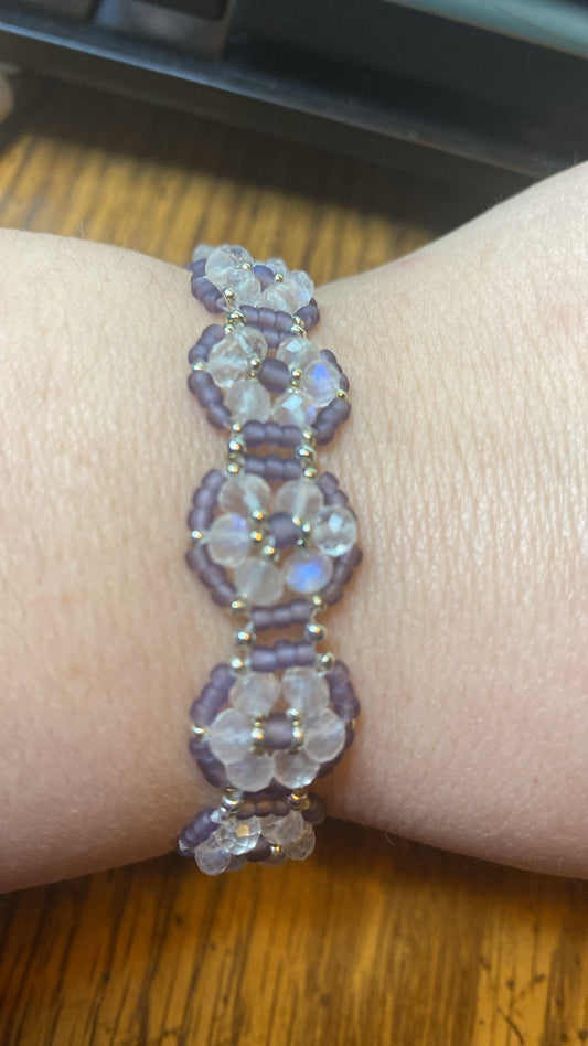 Rainbow Moonstone Seed Beaded Flower Bracelet with Sterling Silver