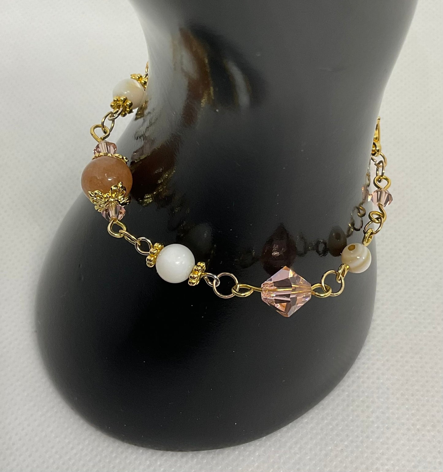 Peach Quartz Gold plated Swarovski Crystal Shell pearl beaded handmade Bracelet