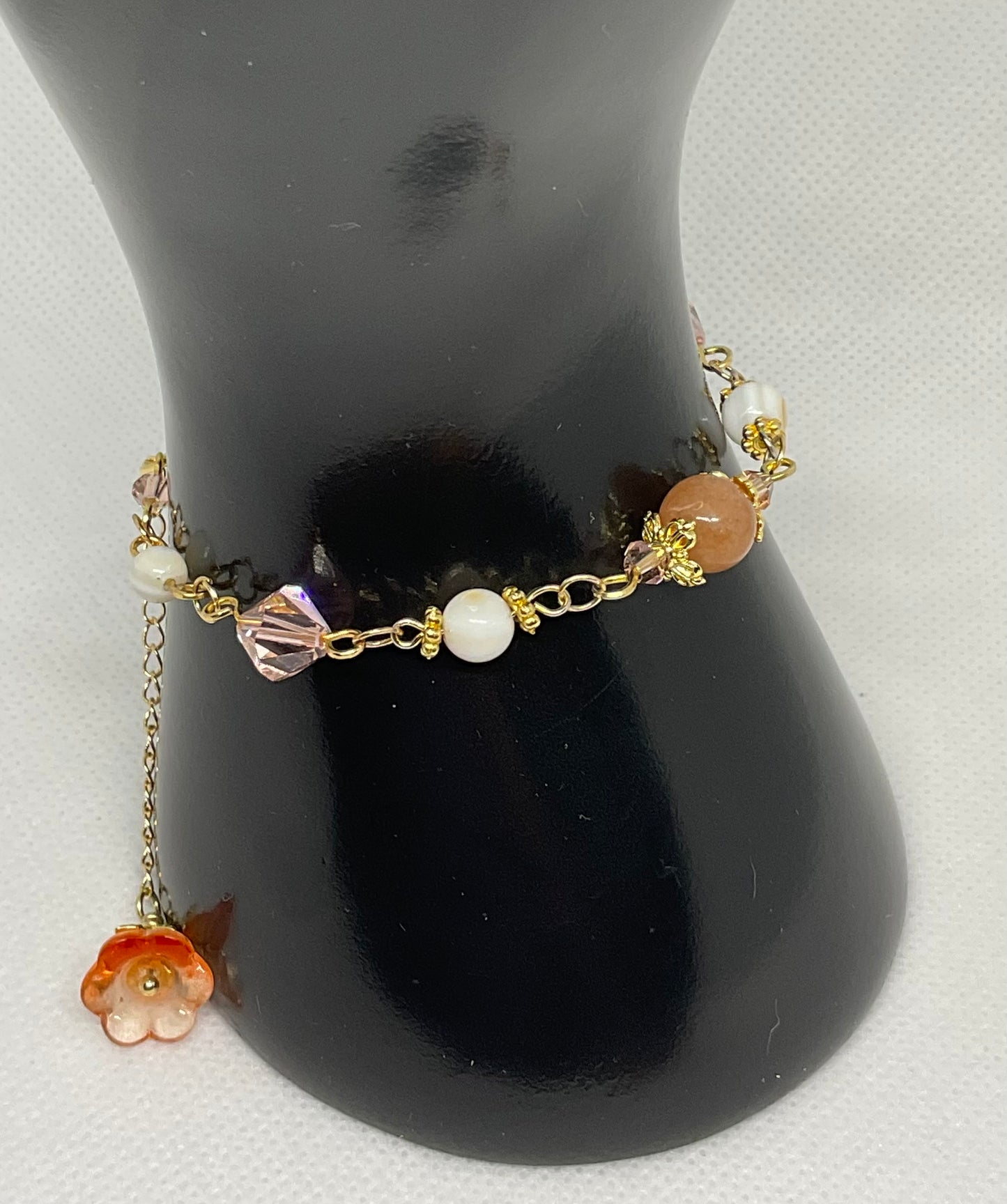 Peach Quartz Gold plated Swarovski Crystal Shell pearl beaded handmade Bracelet
