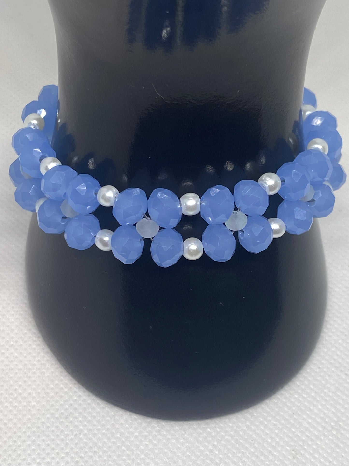 Sky Blue Crystal & Glass Pearl Beaded Bracelet with Silver Finished Stainless steel magnetic clasp.
