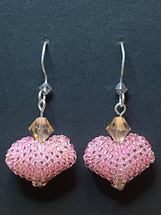 (Copy) Artisan Pink Puffy Seed Bead Heart Sterling Silver Earring’s embellished with Lt Peach Swarovski Crystals