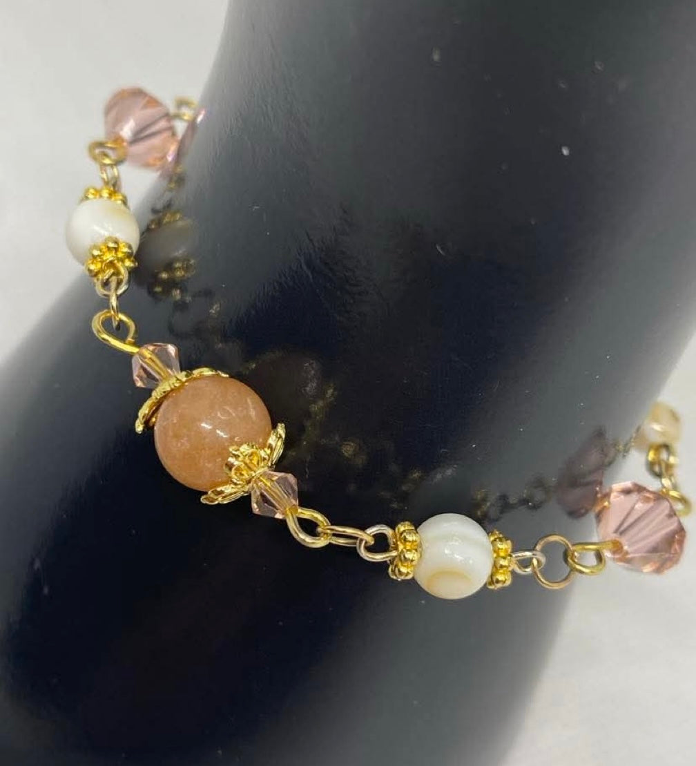 Peach Quartz Gold plated Swarovski Crystal Shell pearl beaded handmade Bracelet