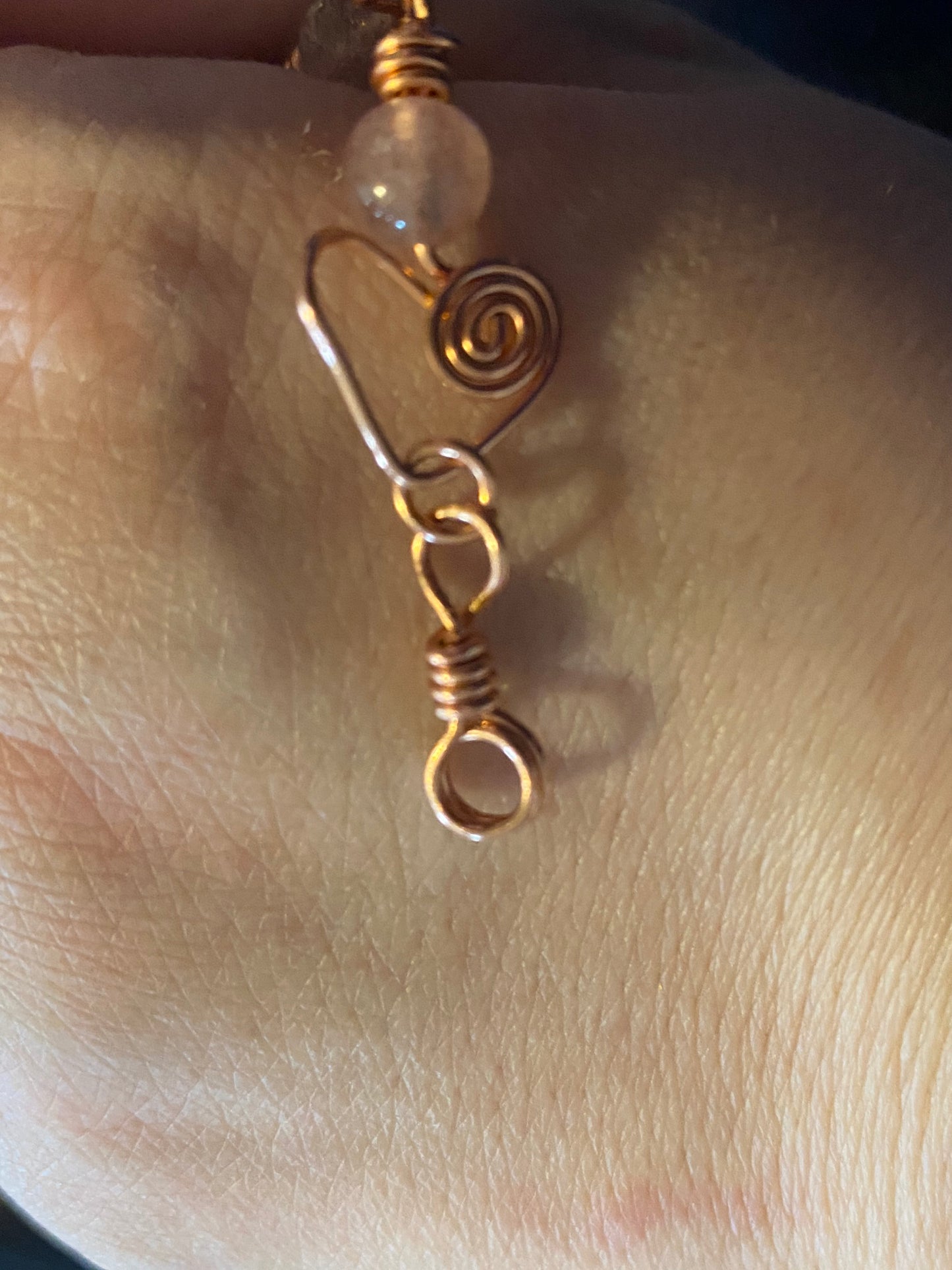Adorable and Enchanting! Bracelet! Artisan made with Bare Copper, Hearts with swirls are adorned with Pink Strawberry Quartz Gemstones to complete this look!