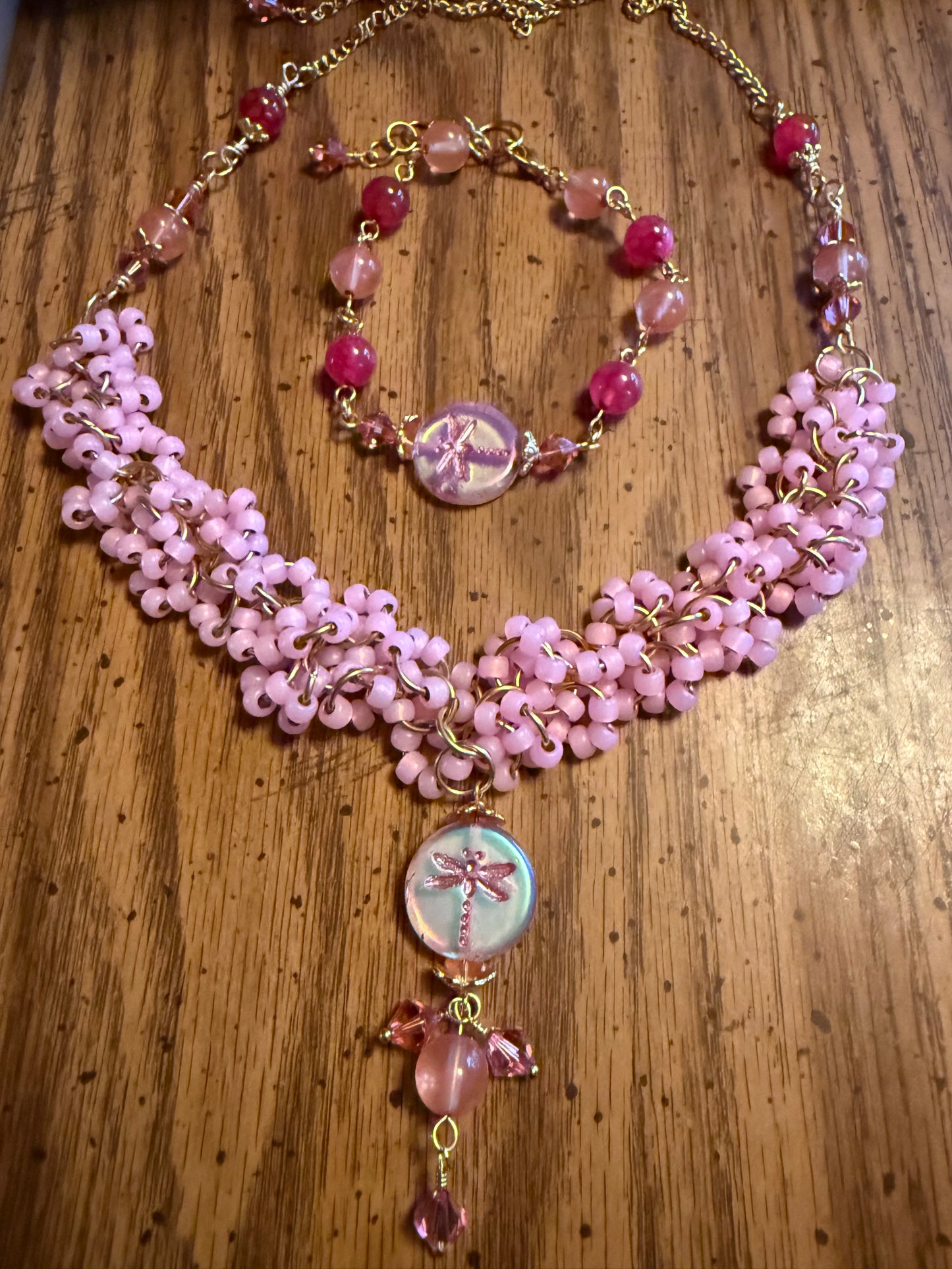 Artisan Pink Chain mail and gemstone dragonfly necklace gold plated and embellished with Vintage Rose Swarovski Crystals.