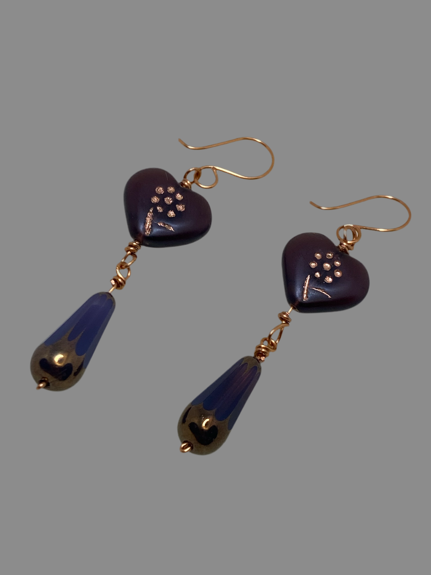 Artisan copper drop earrings featuring Deep Purple Glass Heart with etched Flower design