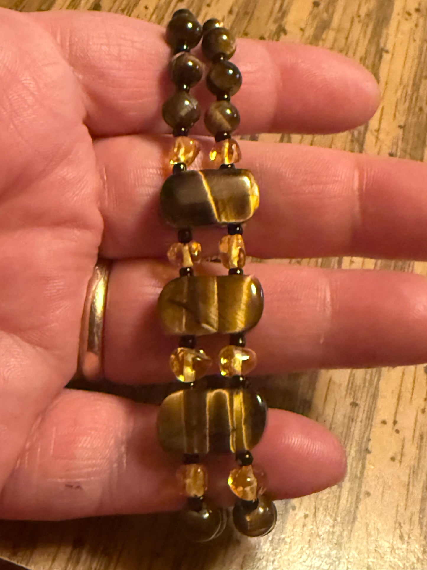 AAA Tiger Eye & Baltic Amber gemstone bracelet very chatoyant with gold plating.