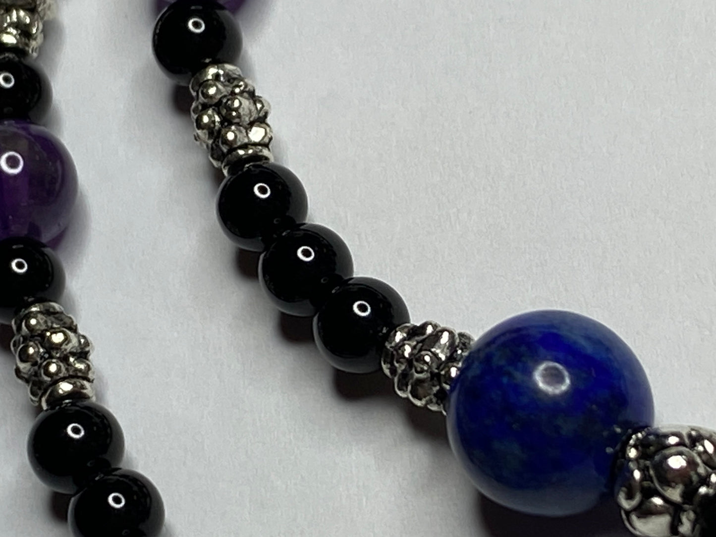 Amethyst, Lapis Lazuli, and Black Onyx beaded Necklace and Bracelet set, with Sterling Silver Clasps