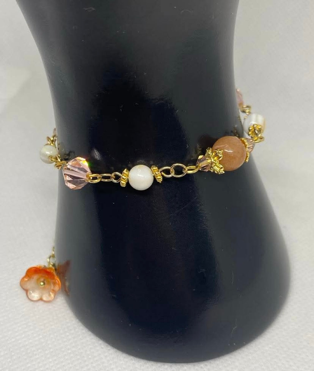 Peach Quartz Gold plated Swarovski Crystal Shell pearl beaded handmade Bracelet