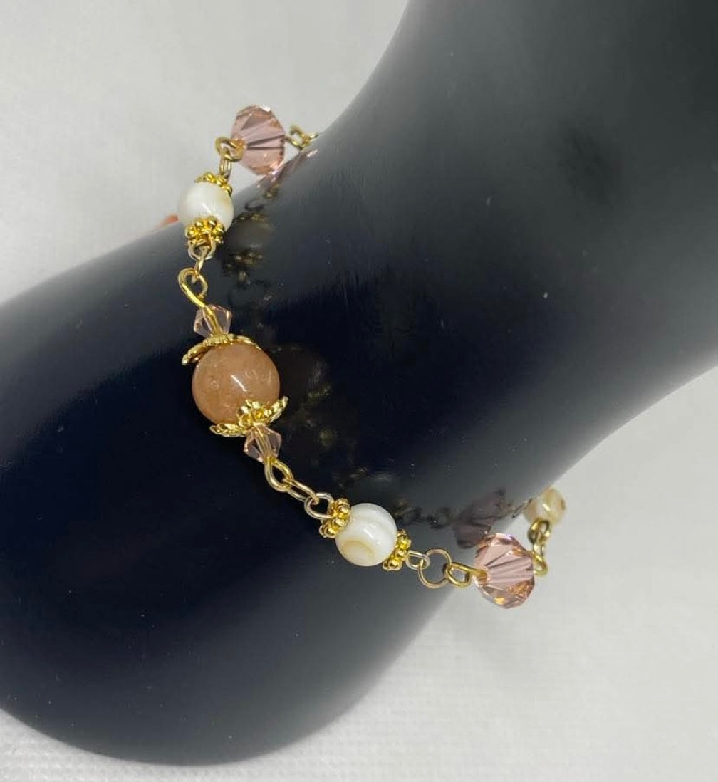 Peach Quartz Gold plated Swarovski Crystal Shell pearl beaded handmade Bracelet