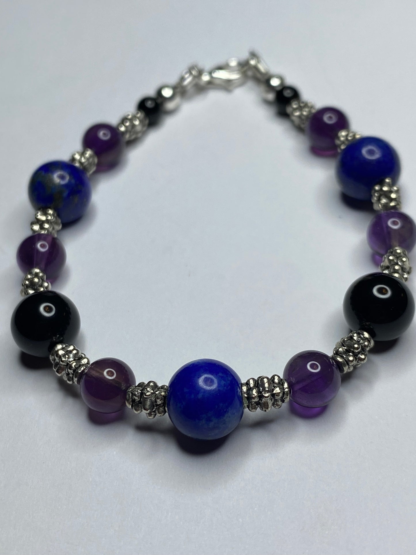Amethyst, Lapis Lazuli, and Black Onyx beaded Necklace and Bracelet set, with Sterling Silver Clasps