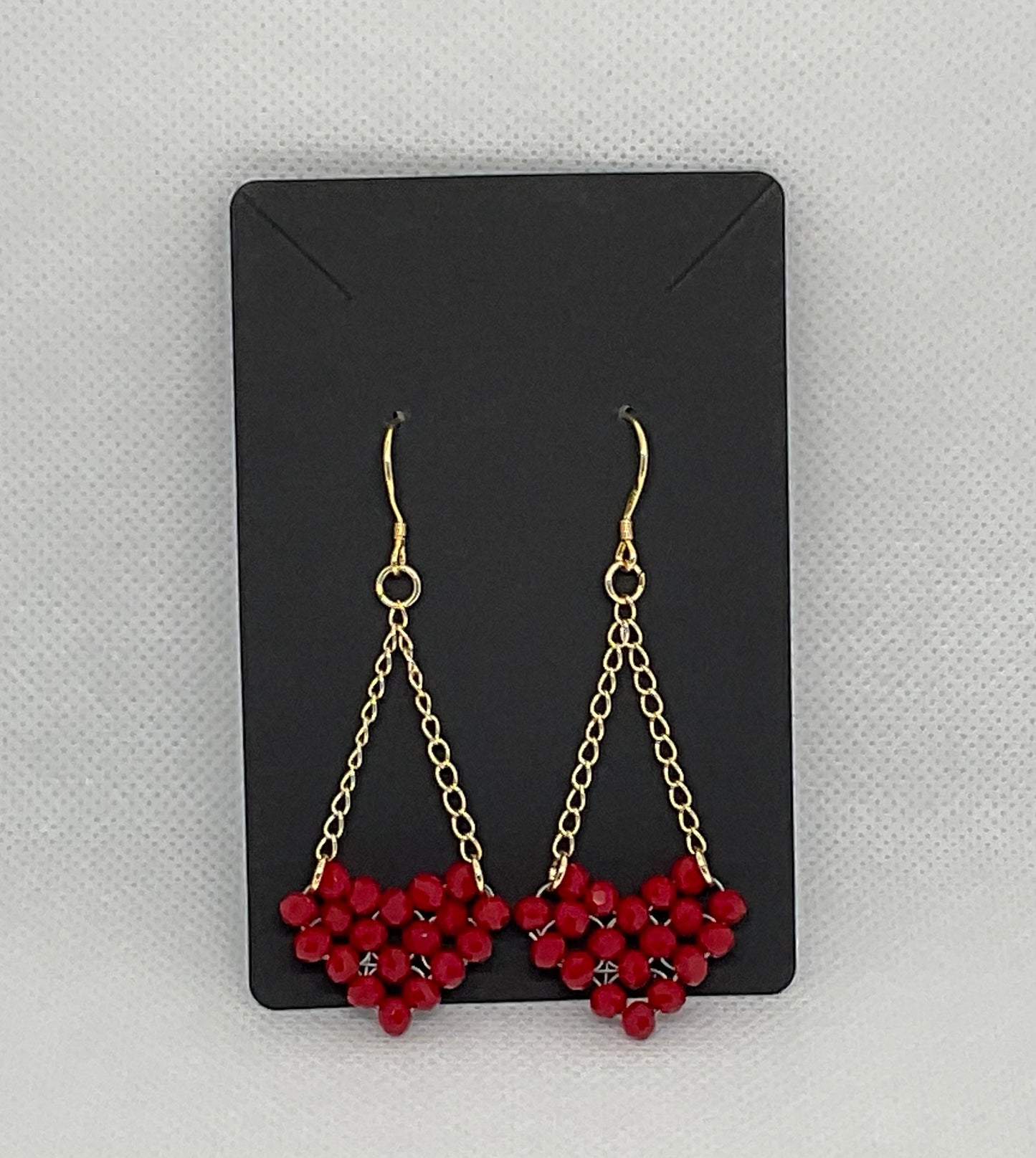 Gold plated chain and Red crystal heart beaded earrings