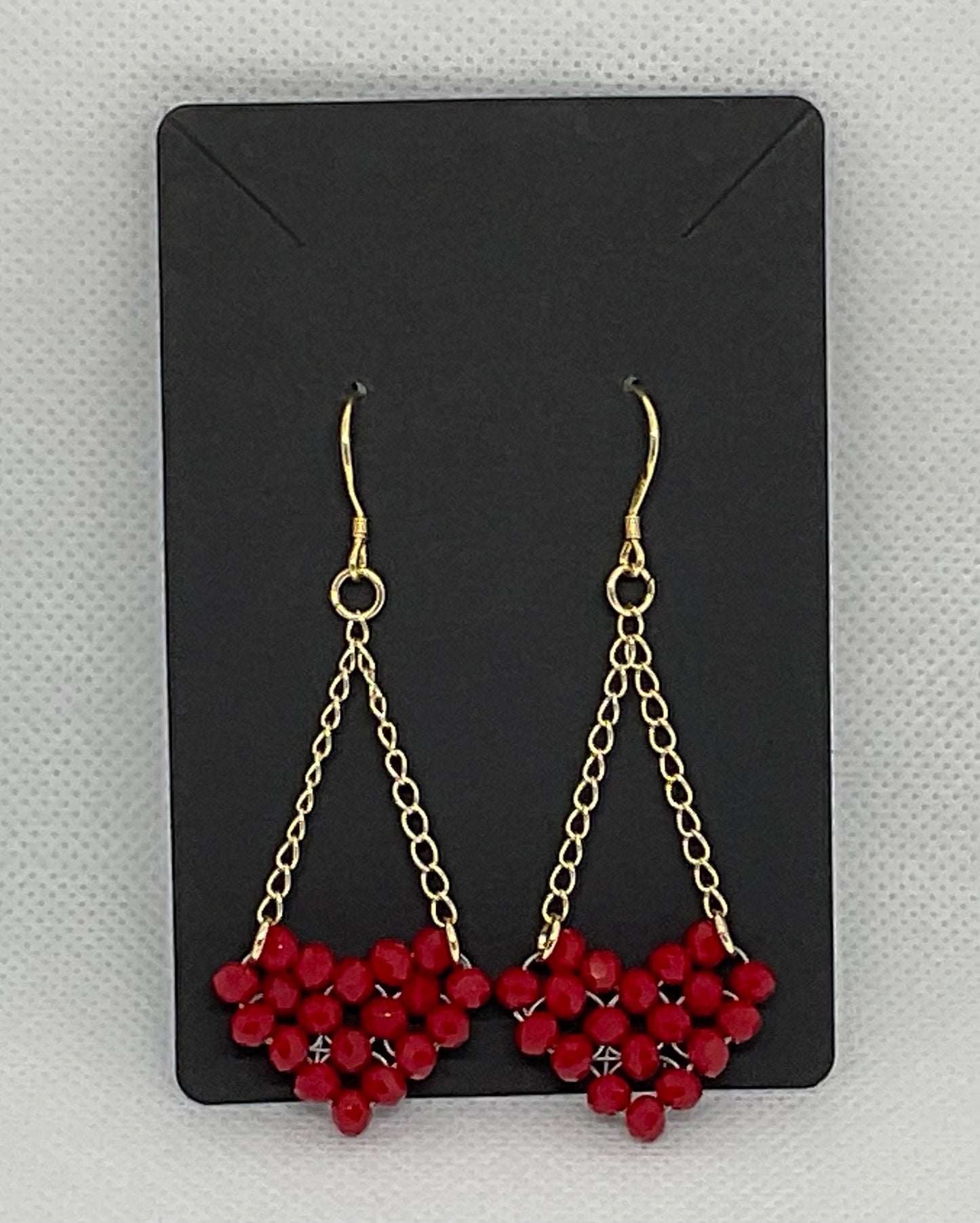 Gold plated chain and Red crystal heart beaded earrings
