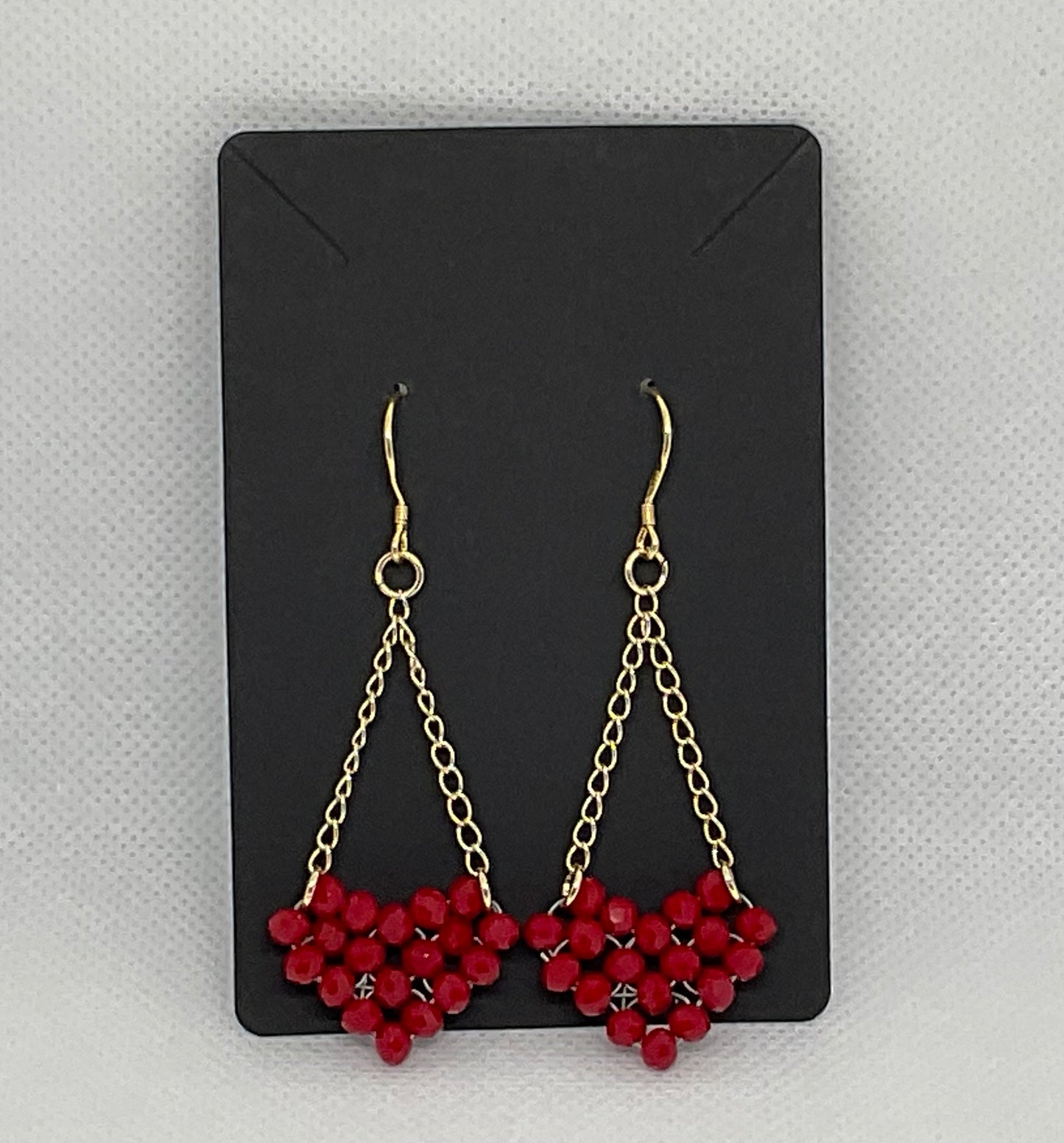 Gold plated chain and Red crystal heart beaded earrings