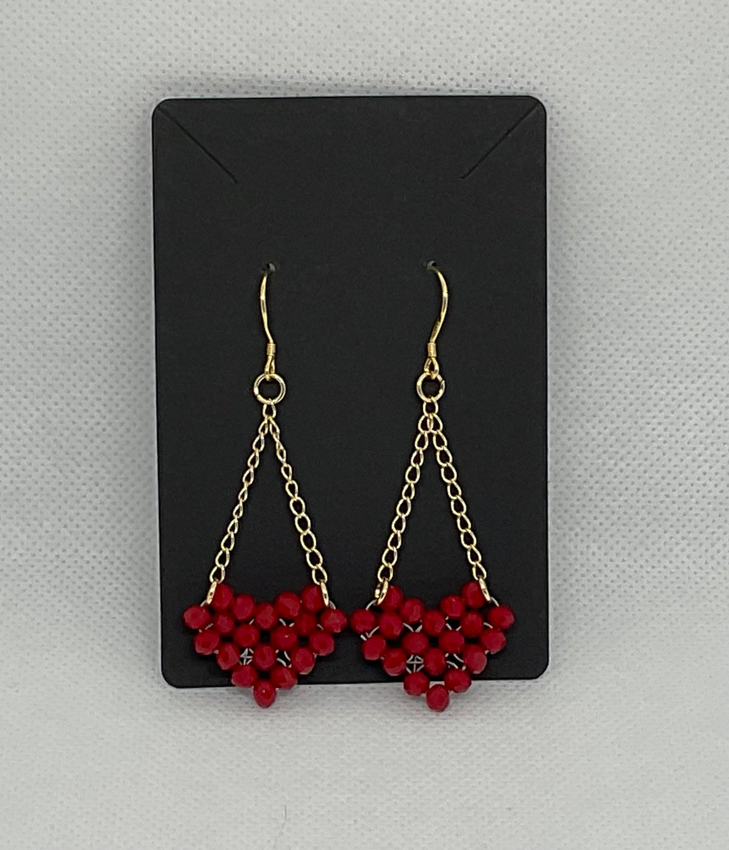 Gold plated chain and Red crystal heart beaded earrings