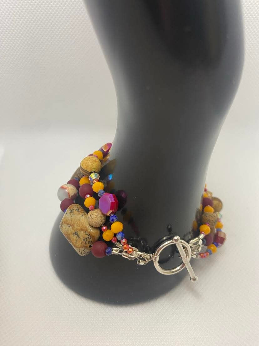 Arizona Sunset Bracelet Featuring: Picture Jasper, Red Jasper, Lapis Lazuli, Agate,, red colored Czech Glass Hibiscus Flower with Swarovski Crystals, & Sterling Silver toggle clasp