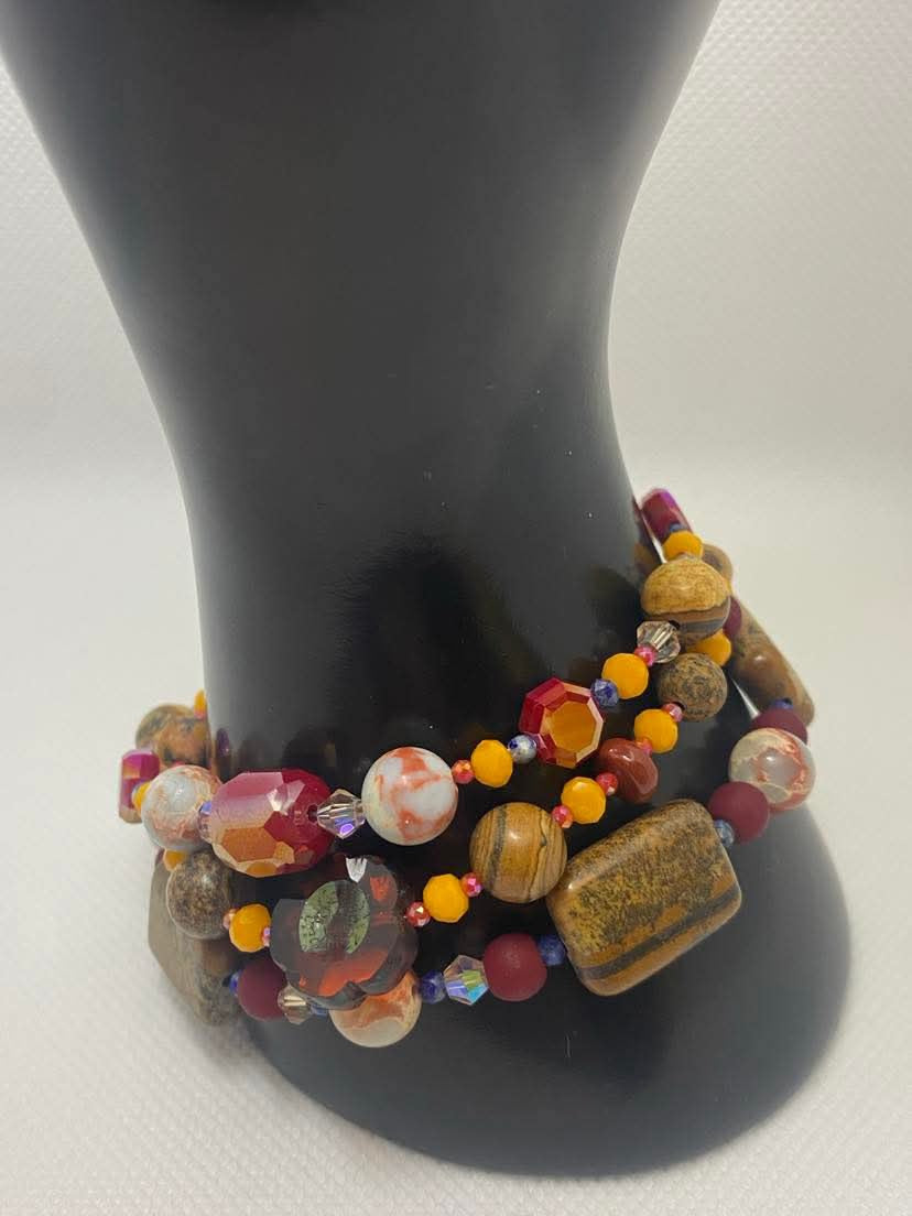 Arizona Sunset Bracelet Featuring: Picture Jasper, Red Jasper, Lapis Lazuli, Agate,, red colored Czech Glass Hibiscus Flower with Swarovski Crystals, & Sterling Silver toggle clasp