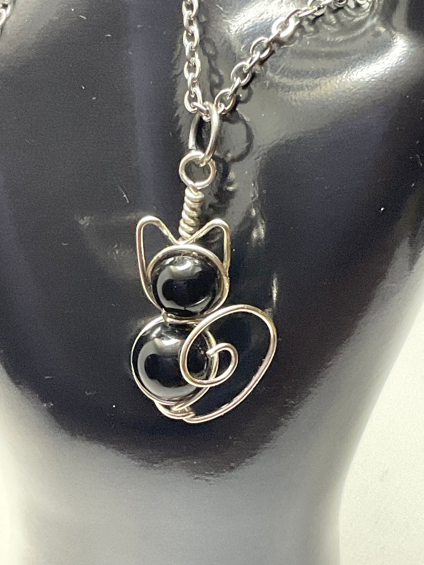 Black onyx Cat Necklace Silver and Stainless Steel