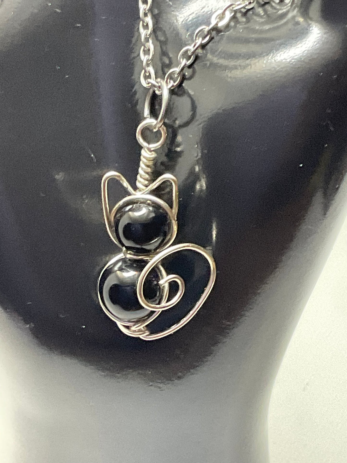 Black onyx Cat Necklace Silver and Stainless Steel