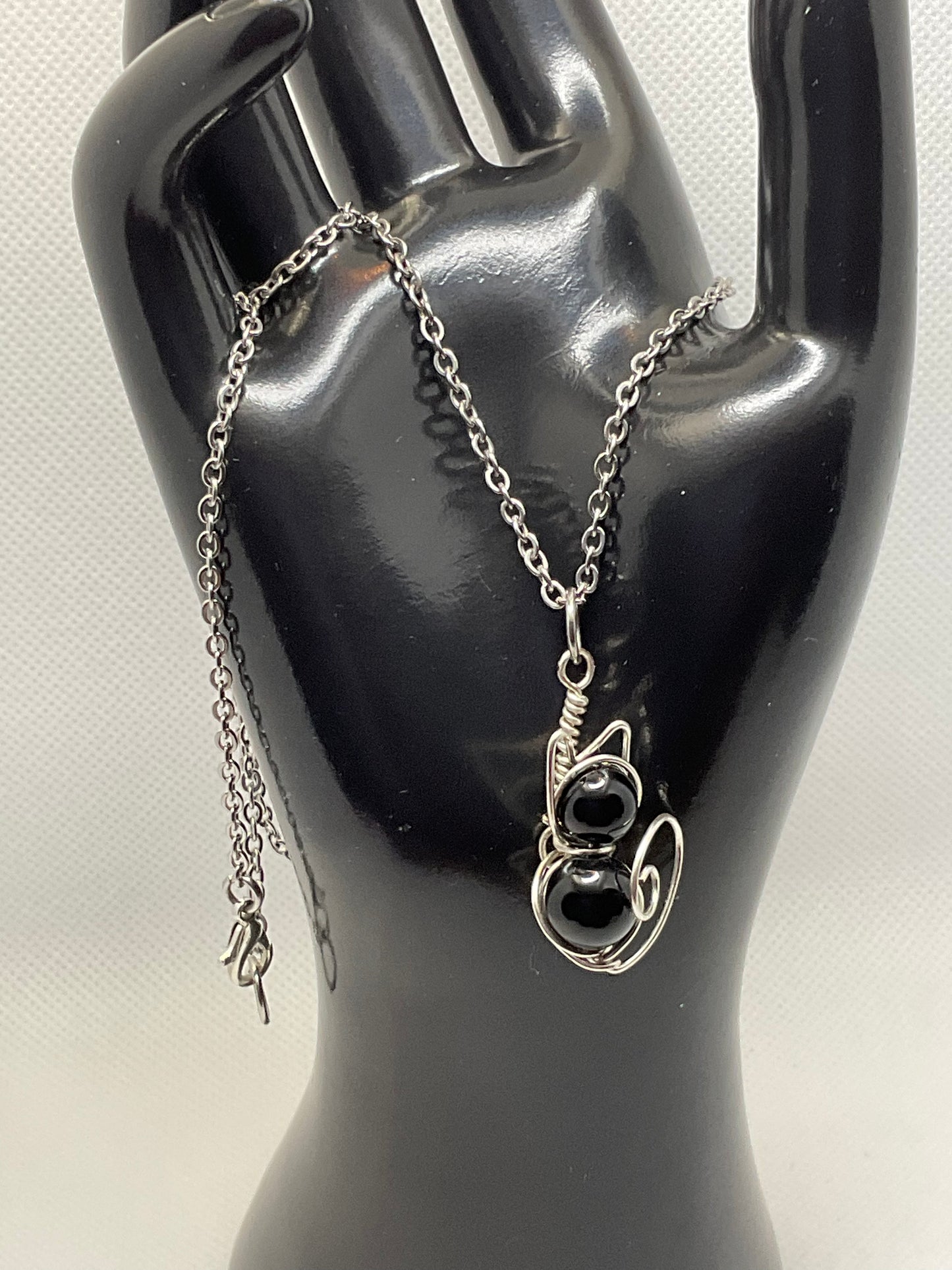 Black onyx Cat Necklace Silver and Stainless Steel