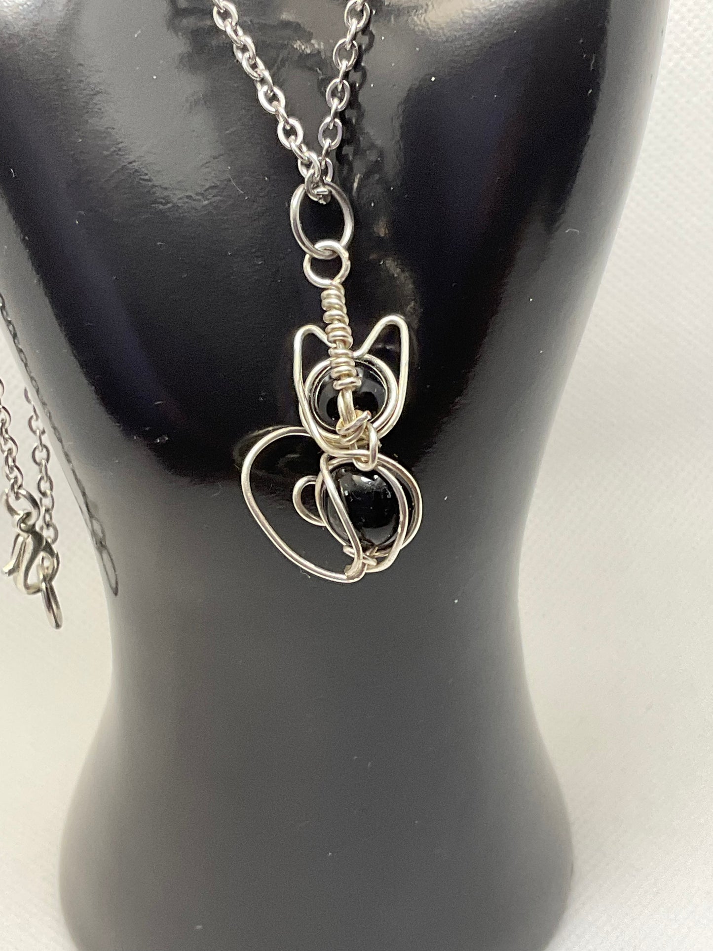 Black onyx Cat Necklace Silver and Stainless Steel