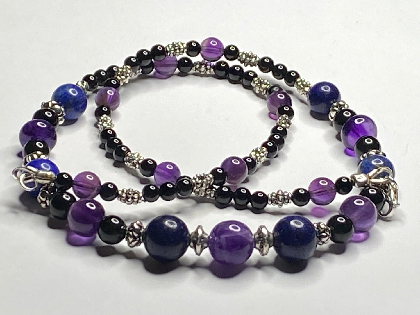 Amethyst, Lapis Lazuli, Black Onyx Necklace & Bracelet set with Sterling Silver Clasps. Extension Chain options