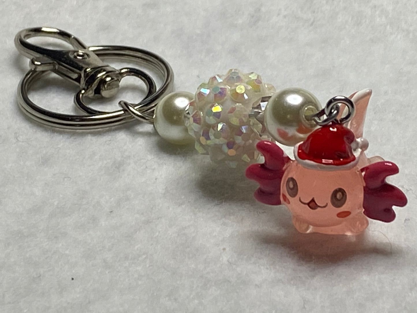 Pink Axolotl w/Santa Hat & Beaded Keychain/Backpack/Purse charm