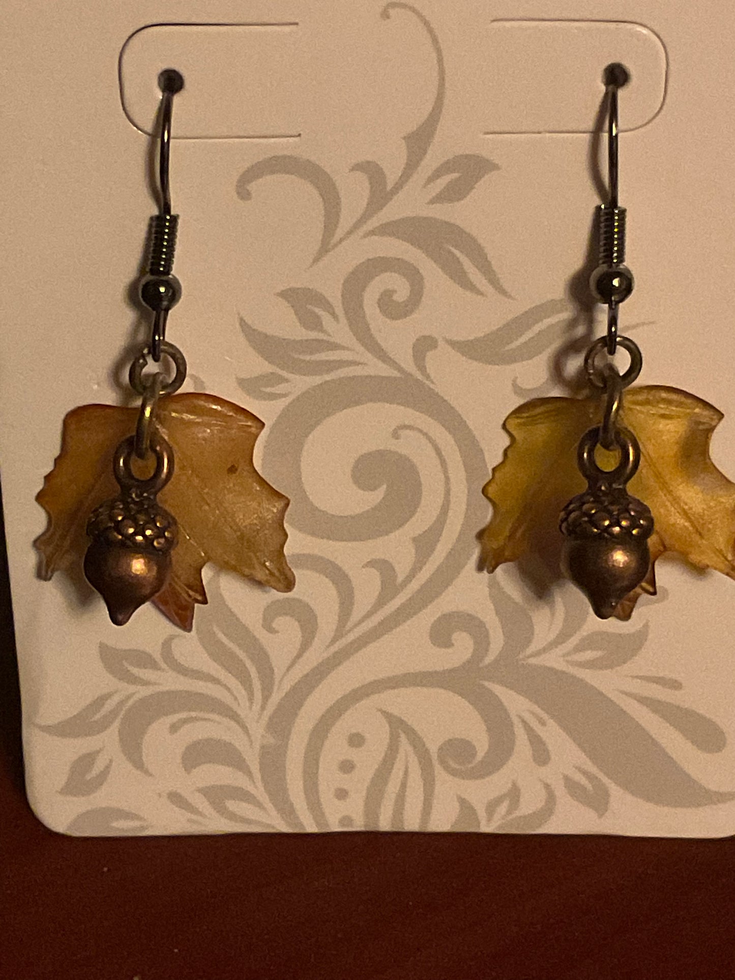 Maple leaf with tiny Copper Acorn dangle Earrings.