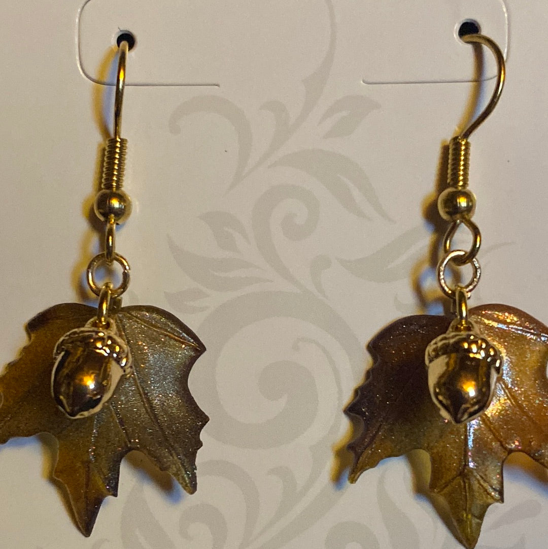 24Kt Gold Plated Acorn and Hand Painted Acrylic Maple Leaf Dangle Earrings.