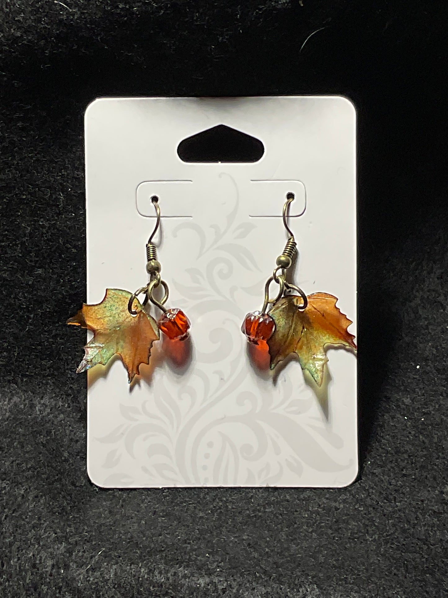 Czech Cathedral Orange Crystal and Maple Leaf earrings