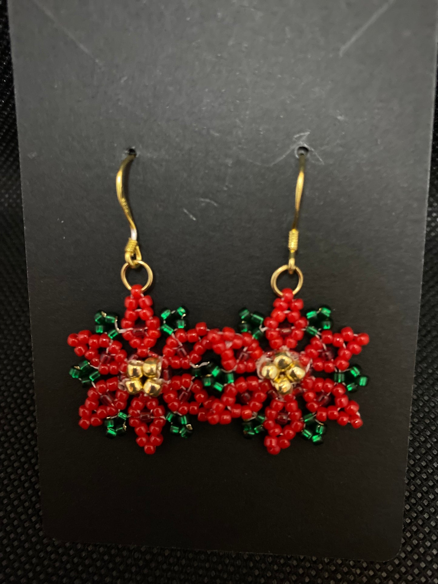 Beaded Poinsettia 18kt gold plated Sterling Silver Earrings handmade in USA