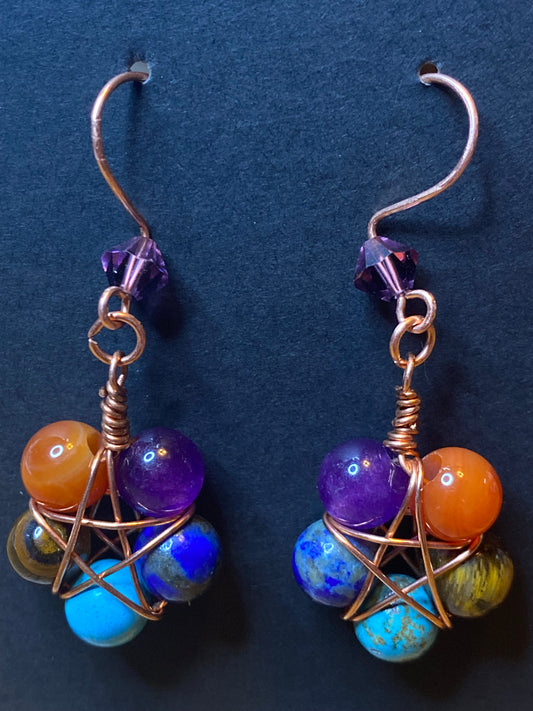 Artisan made Chakra Gemstone dangle Earrings with Copper, Crystal, and semiprecious gem stones