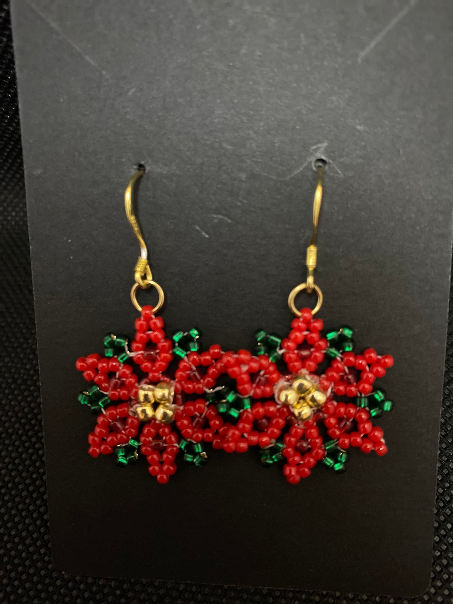 Beaded Poinsettia 18kt gold plated Sterling Silver Earrings handmade in USA