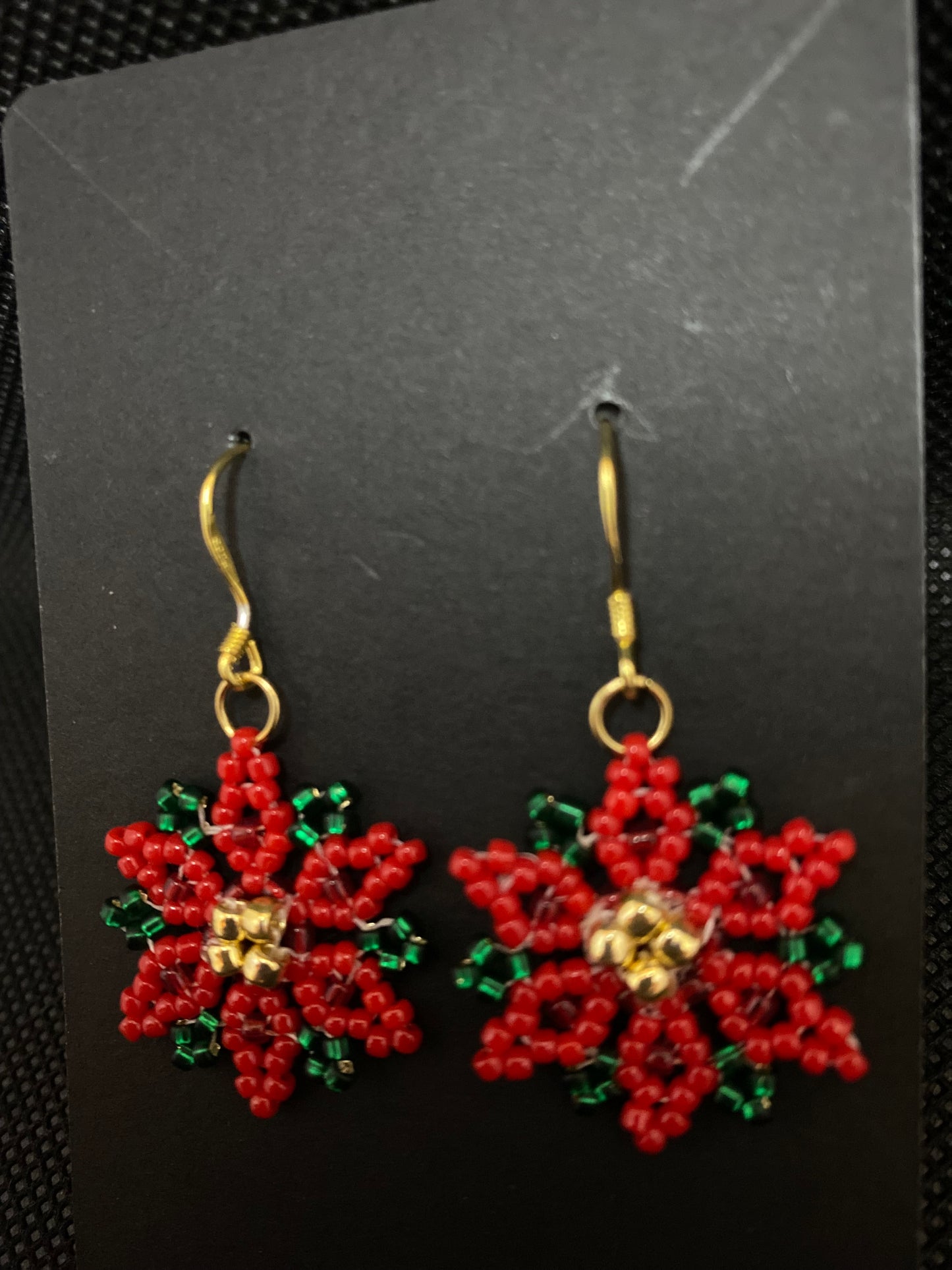 Beaded Poinsettia 18kt gold plated Sterling Silver Earrings handmade in USA