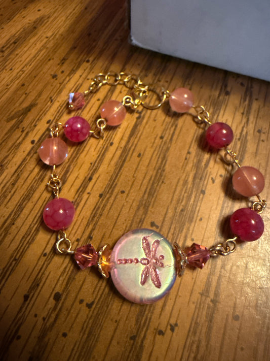 Artisan Pink Crackle Agate and Strawberry Quartz gemstone and Czech Glass Dragonfly Bracelet with Swarovski Crystal and Gold Plating.