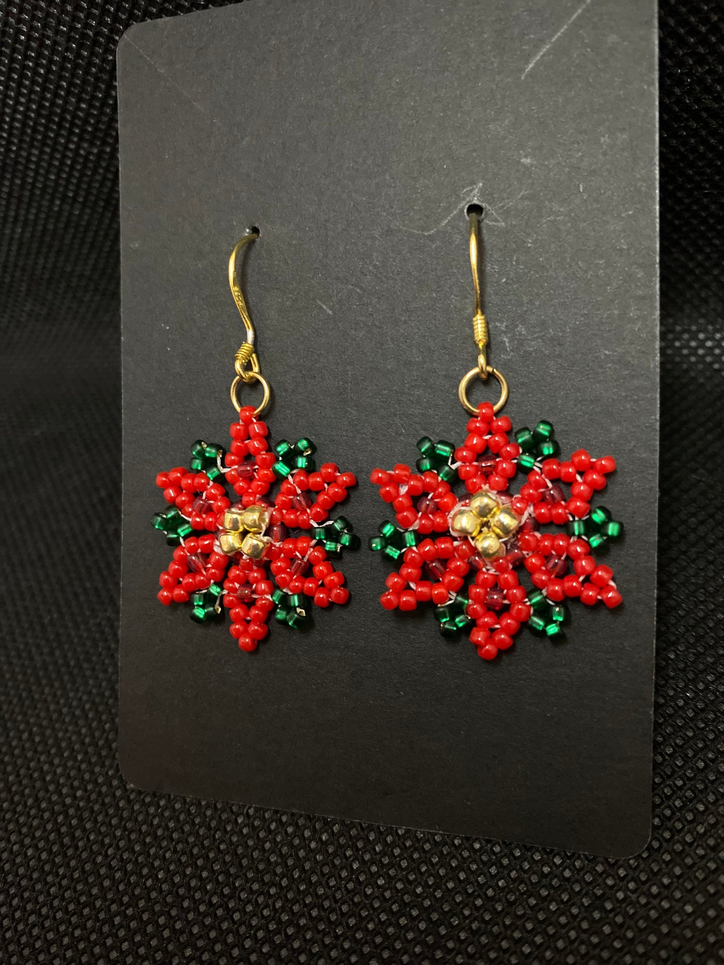 Beaded Poinsettia 18kt gold plated Sterling Silver Earrings handmade in USA