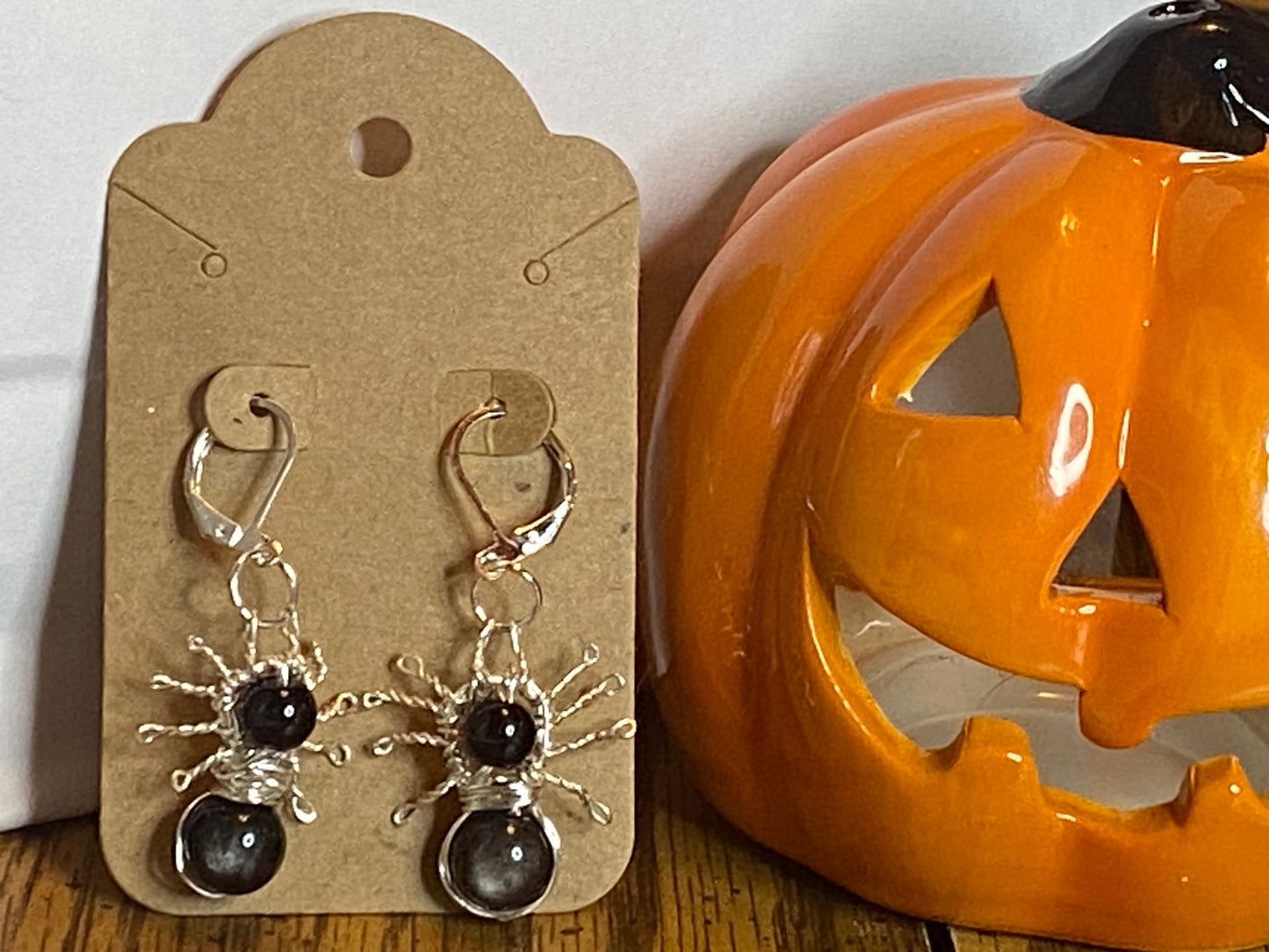 Spooky Silver Sheen Obsidian Spiders with Sterling Silver Leverback earhooks