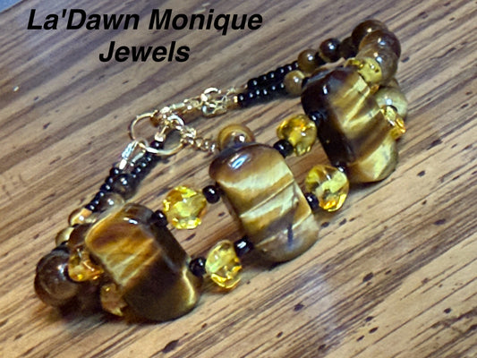 AAA Tiger Eye & Baltic Amber gemstone bracelet very chatoyant with gold plating.
