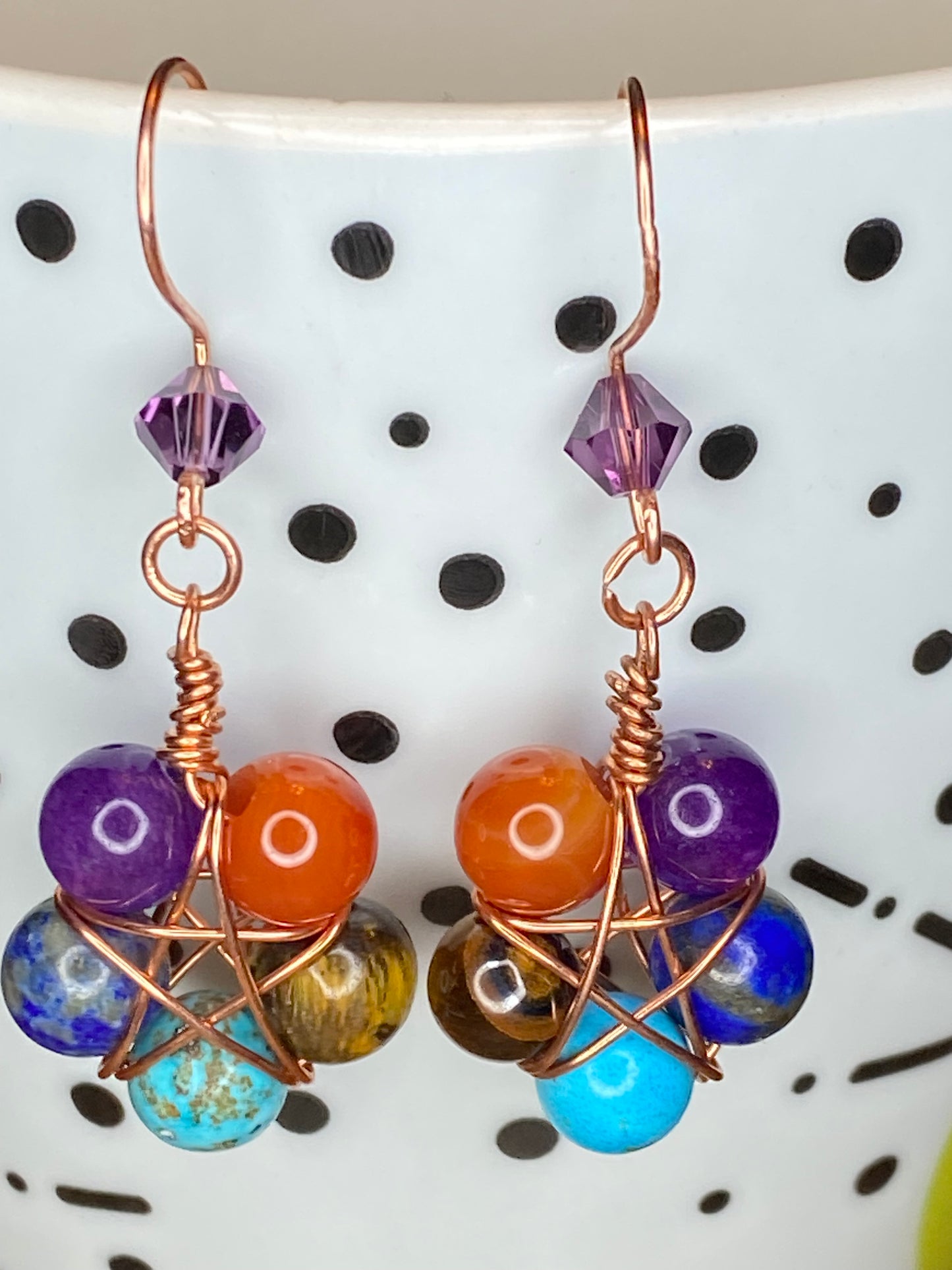 Artisan made Chakra Gemstone dangle Earrings with Copper, Crystal, and semiprecious gem stones