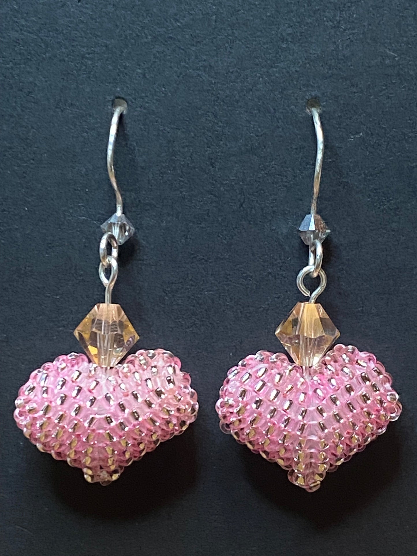 (Copy) Artisan Pink Puffy Seed Bead Heart Sterling Silver Earring’s embellished with Lt Peach Swarovski Crystals