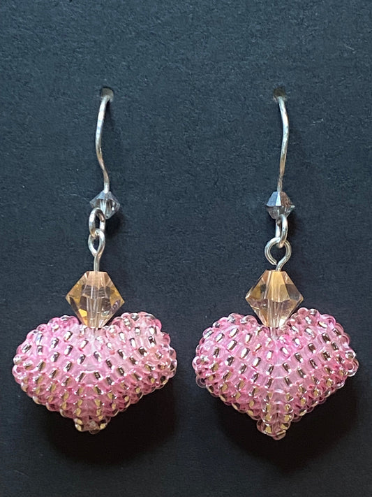 (Copy) Artisan Pink Puffy Heart Sterling Silver Earring’s embellished with Lt Peach Swarovski Crystals