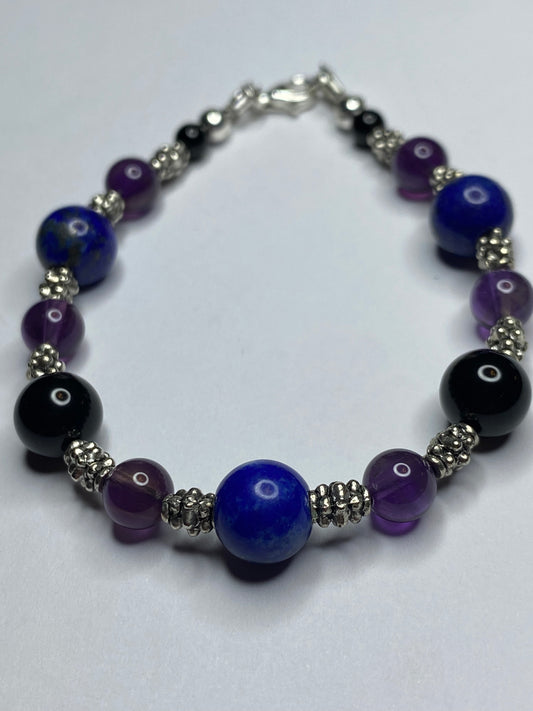 Amethyst, Lapis Lazuli, and Black Onyx beaded  Necklace and Bracelet set, with Sterling Silver Clasps