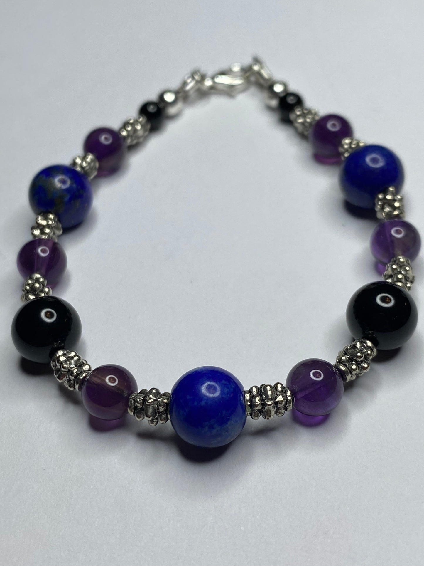 Amethyst, Lapis Lazuli, Black Onyx Necklace & Bracelet set with Sterling Silver Clasps. Extension Chain options